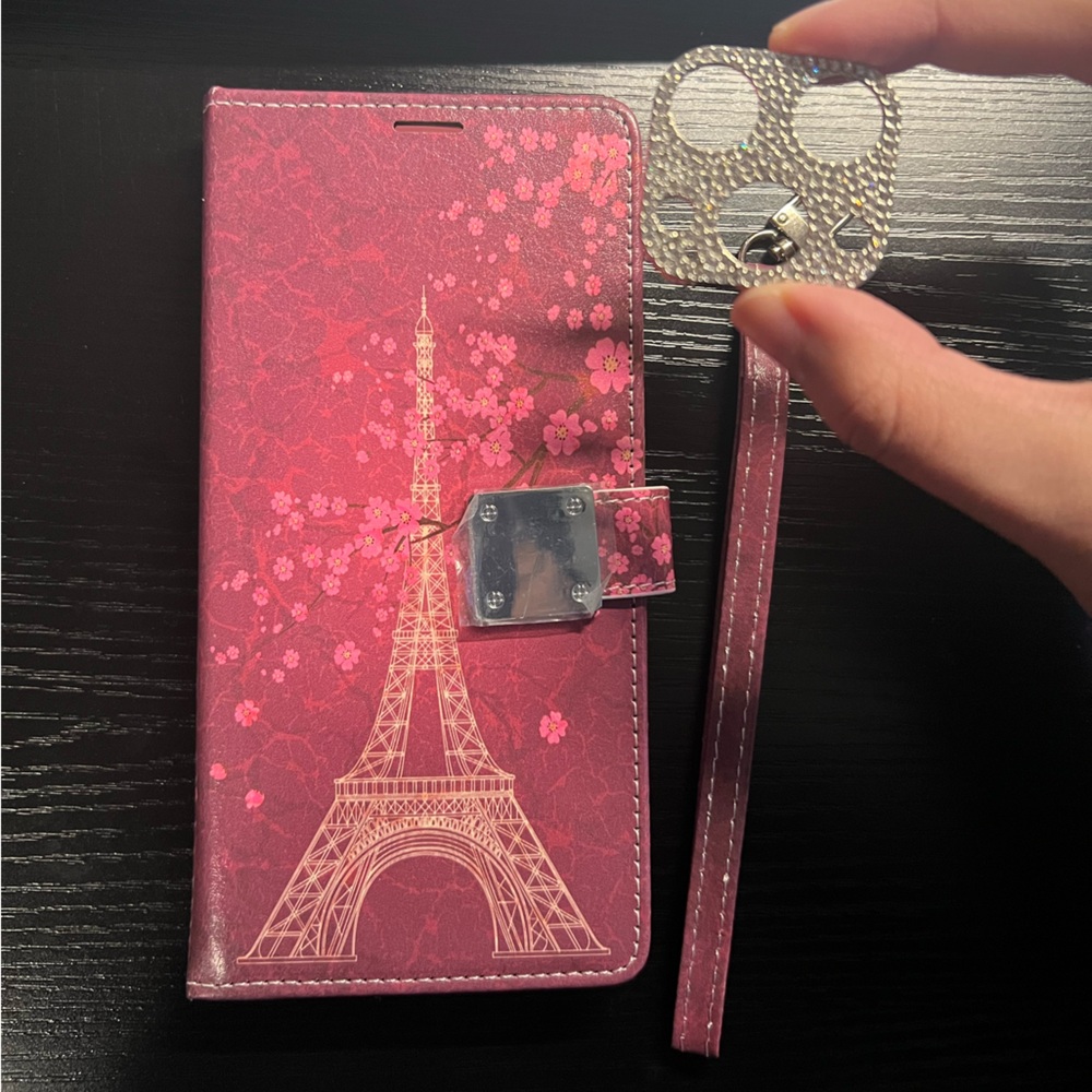 Pink Eiffel Tower foldable wallet phone case for iPhone 13 Pro Max w rhinestone